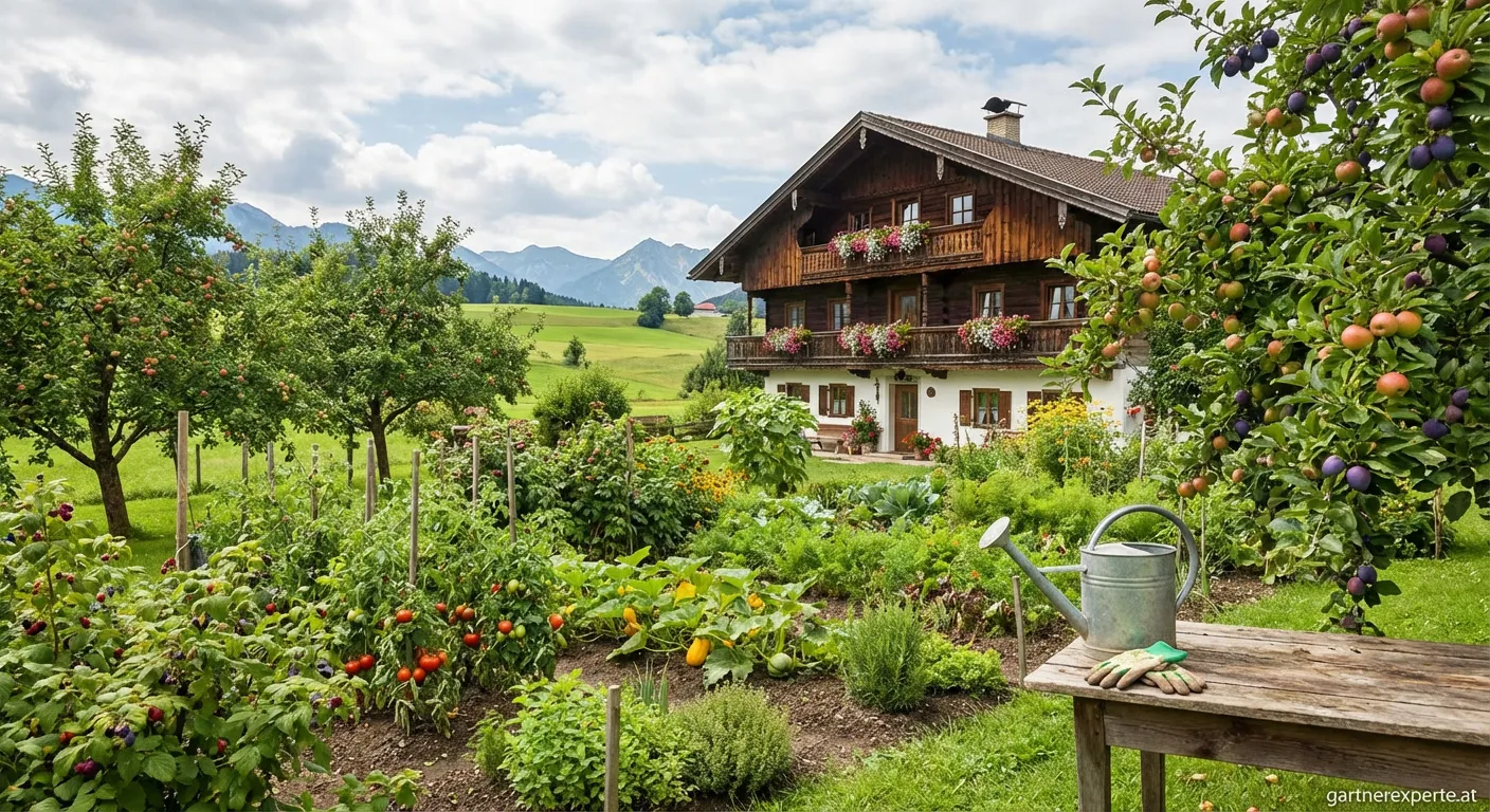 Grüne Hügellandschaft im Alpenvorland Oberösterreich mit Garten im Vordergrund