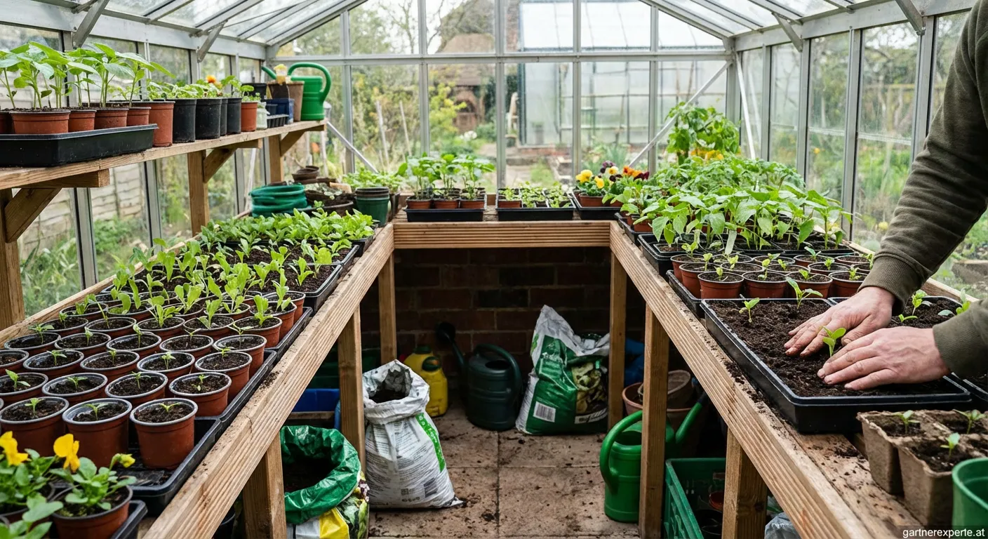 Kleines Anzucht Gewächshaus mit jungen grünen Sämlingen auf einer Fensterbank