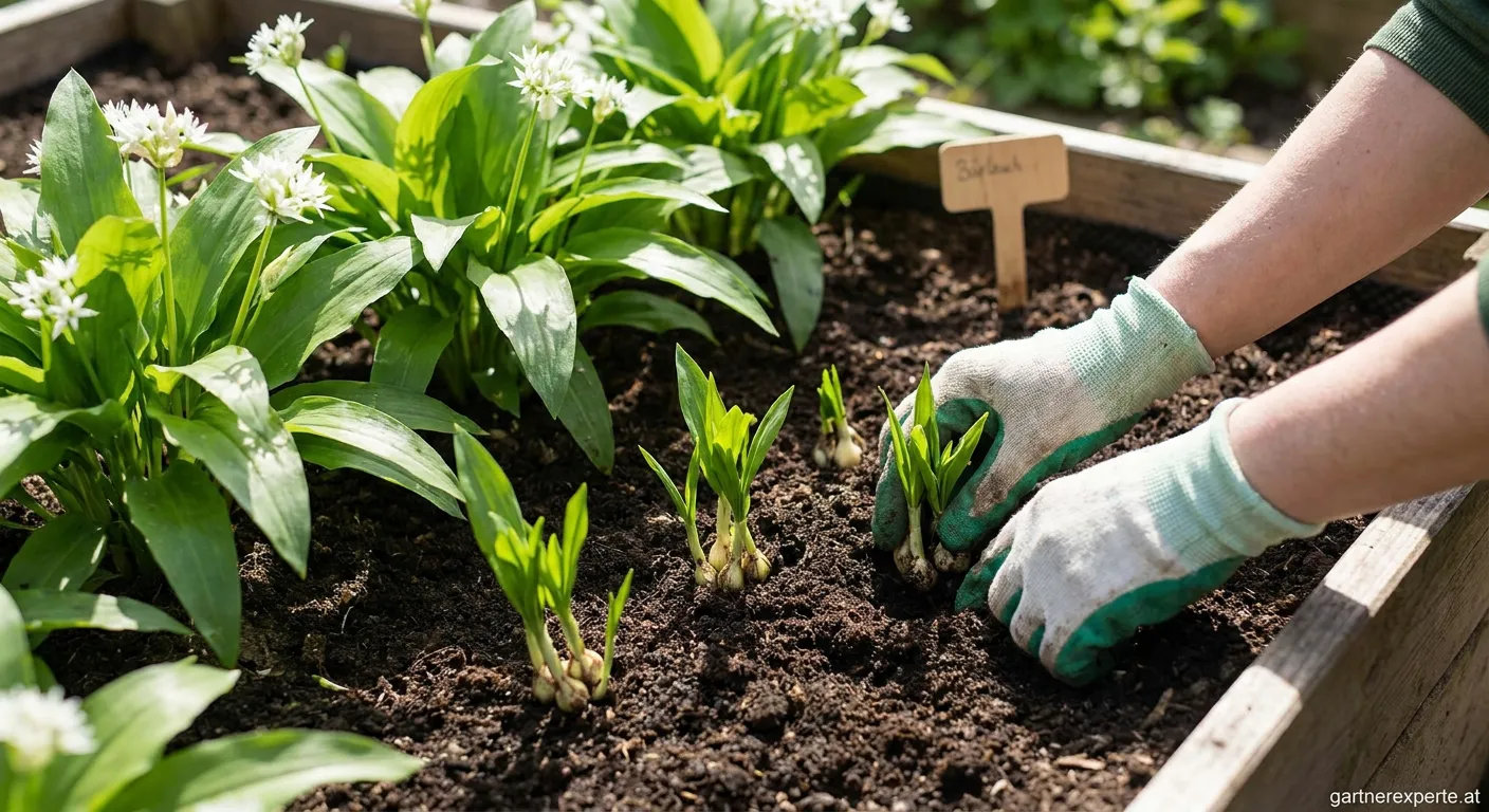 Bärlauchpflanzen im schattischen Garteneck unter Laubbäumen