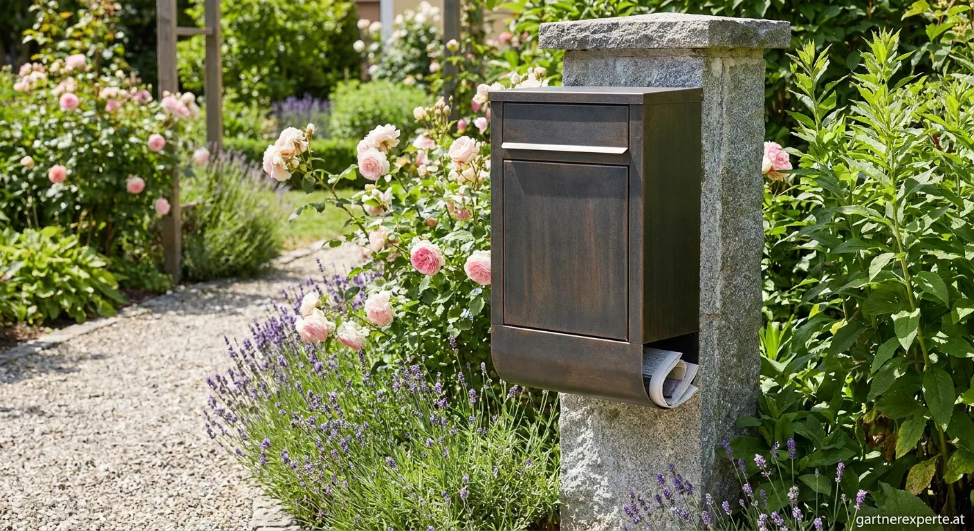 Stilvoller Briefkasten im grünen Garten mit harmonischem Design