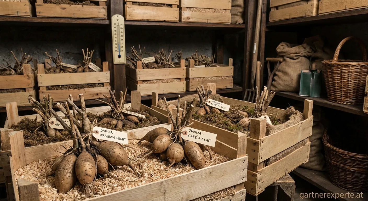 Dahlienknollen werden für die Winterlagerung vorbereitet