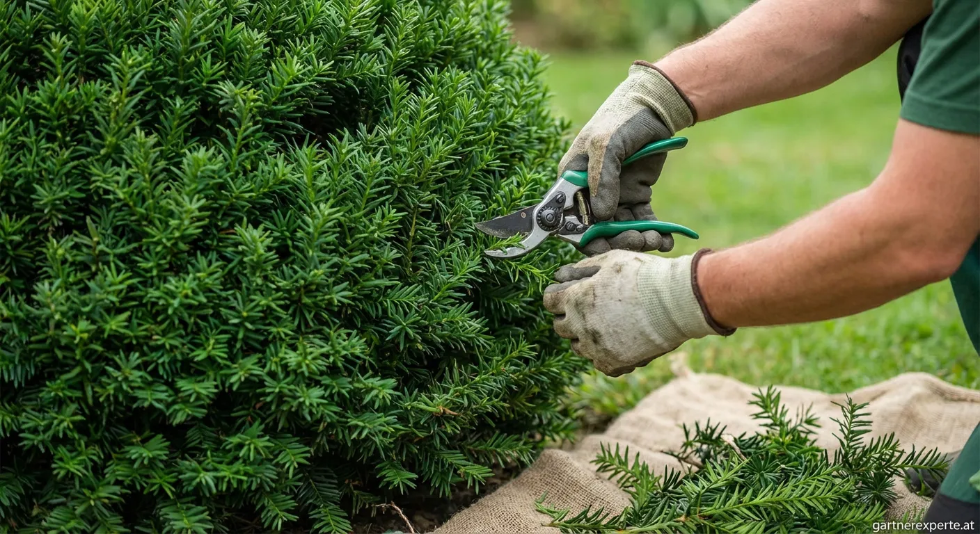 Gärtner beim Eibe schneiden und formen mit einer scharfen Heckenschere