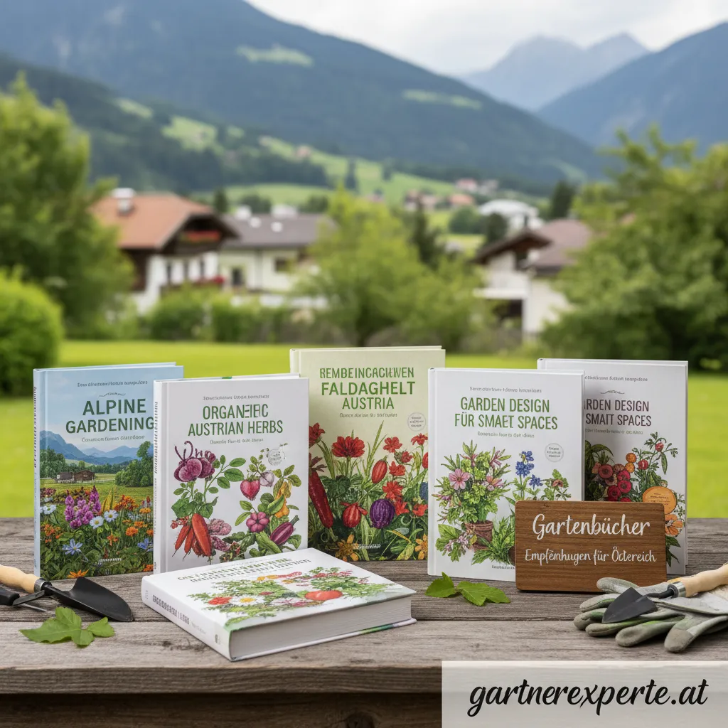 Eine Auswahl an empfohlenen Gartenbüchern für Österreich auf einem Holztisch.