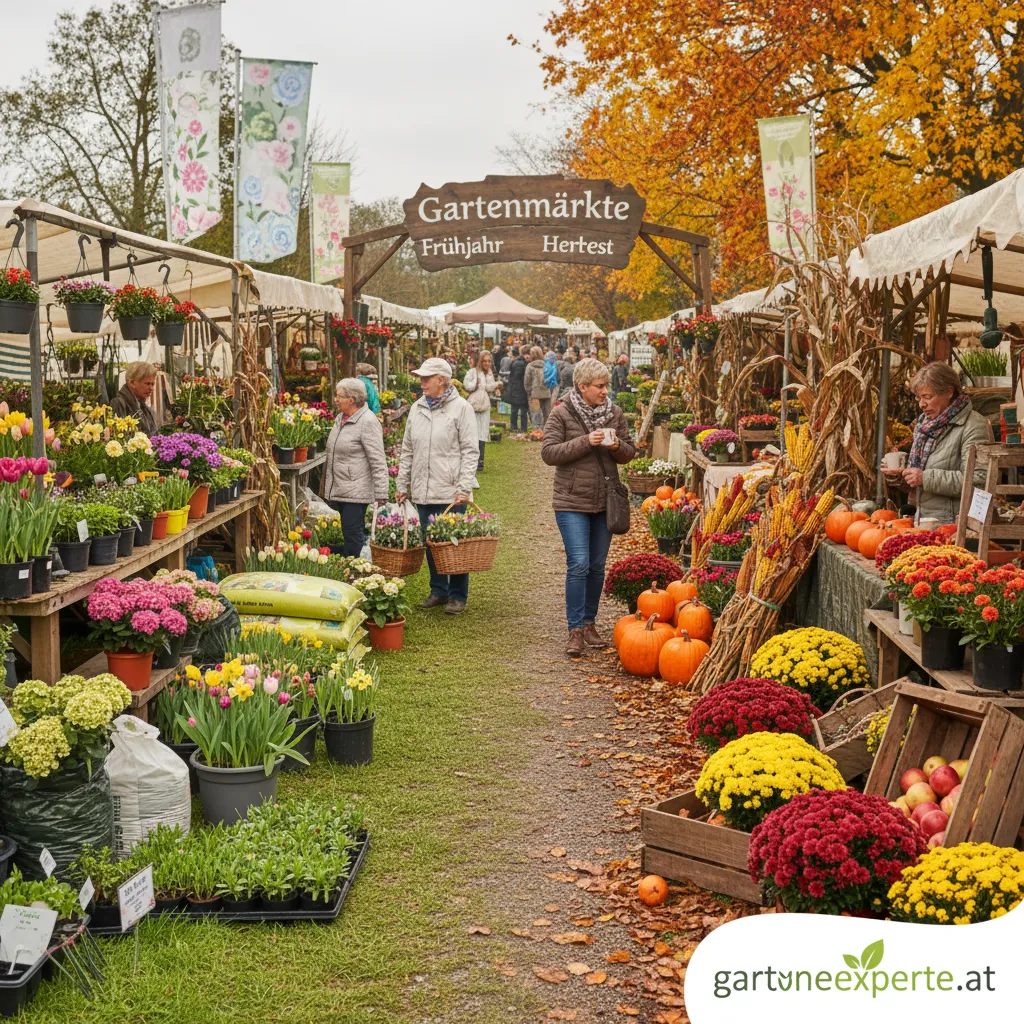 Ein farbenfroher Stand auf einem Gartenmarkt im Herbst mit Kürbissen und Blumen
