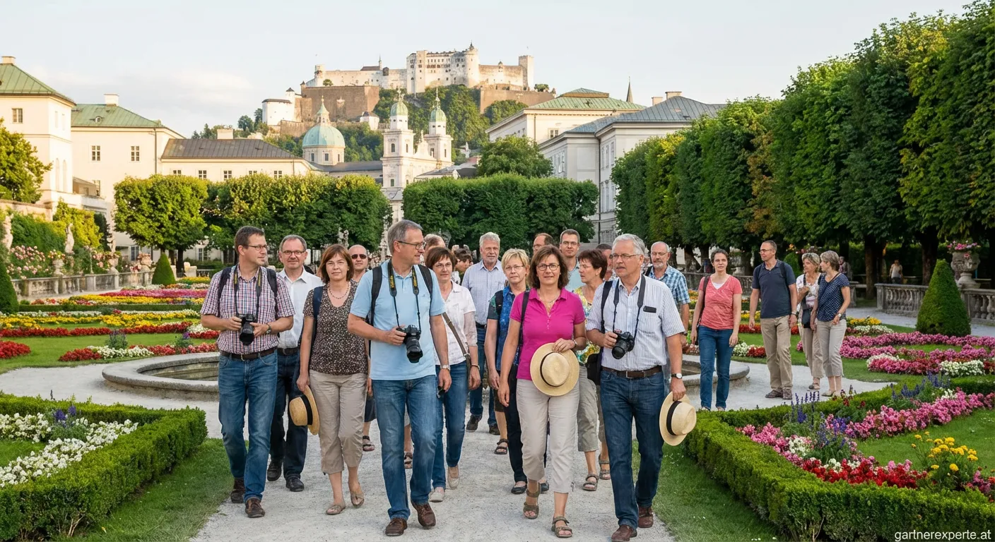 Gruppe bei einer Gartenführung durch österreichischen Schlossgarten