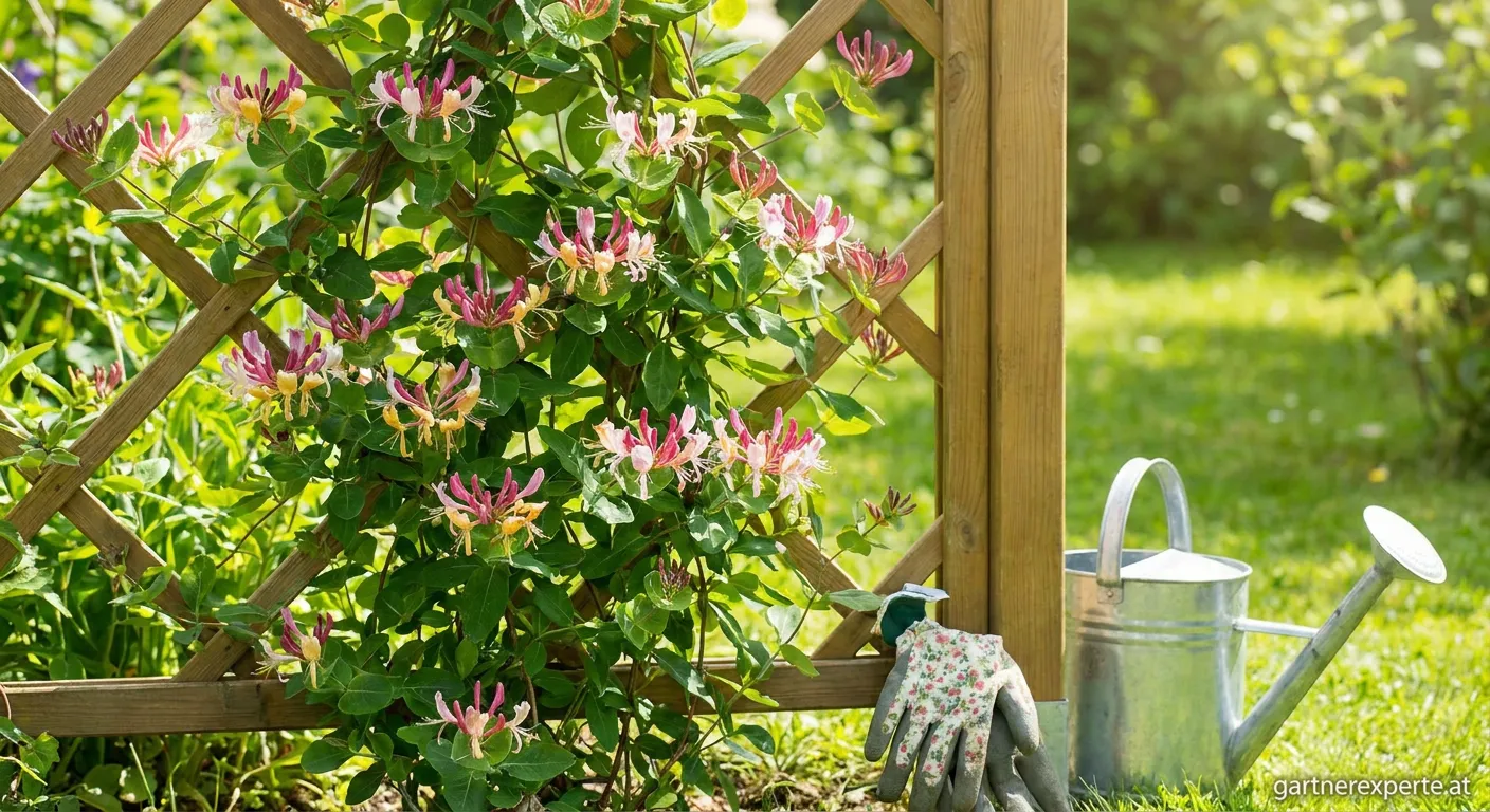 Blühendes Geißblatt Jelängerjelieber an einem Rankgerüst im Garten