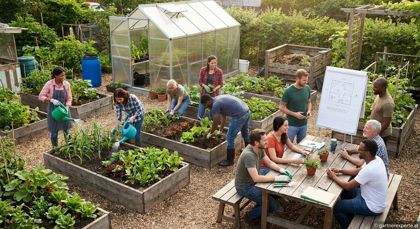 Menschen arbeiten gemeinsam in einem Gemeinschaftsgarten
