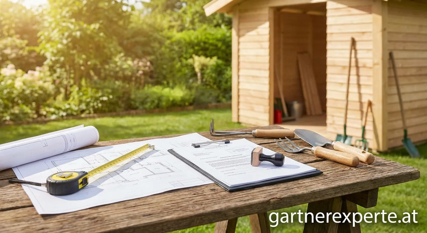 Holz-Geräteschuppen im Garten umgeben von Bäumen