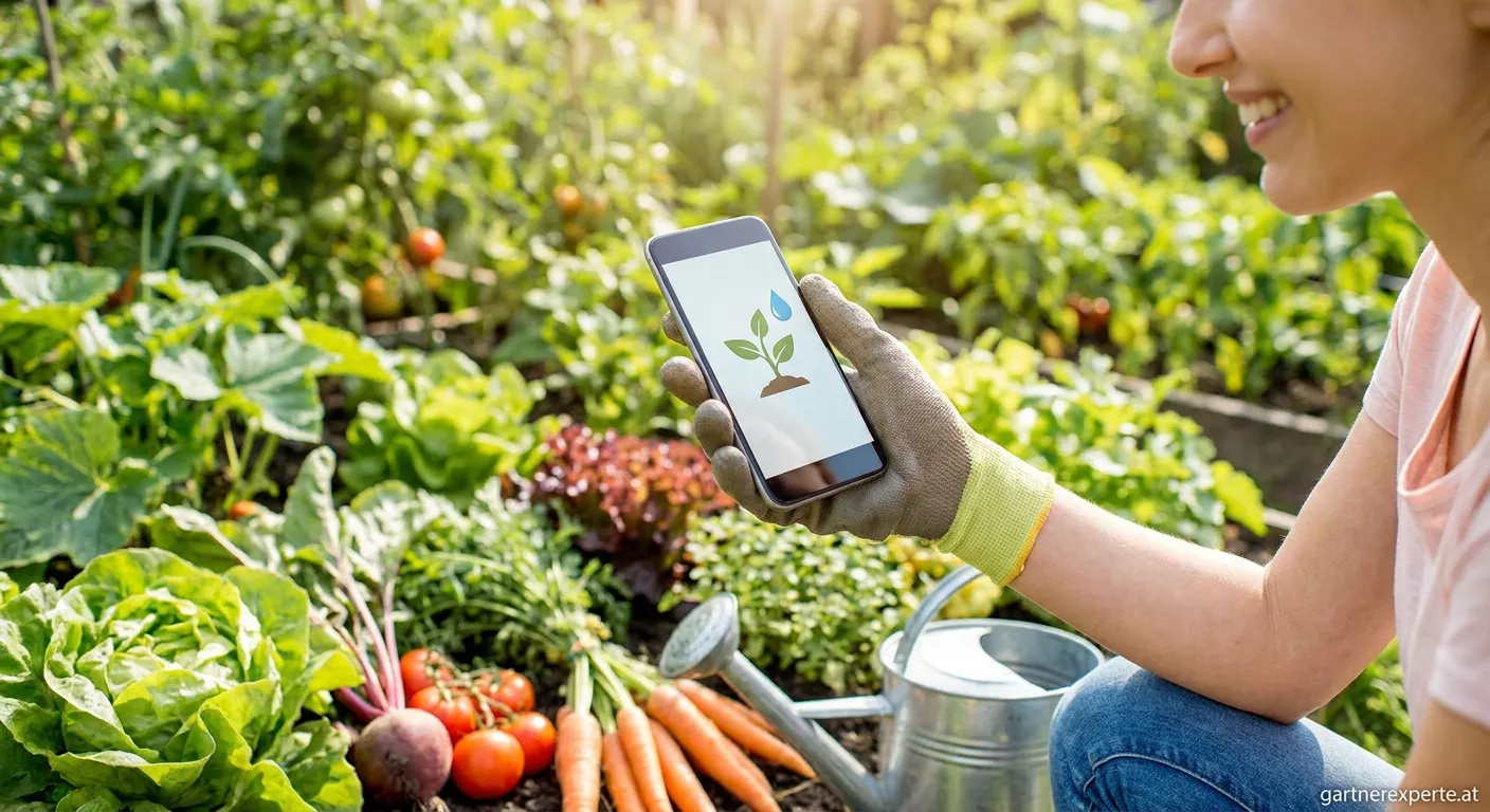 Gärtnner prüft Gießerinnerung auf dem Smartphone im grünen Garten
