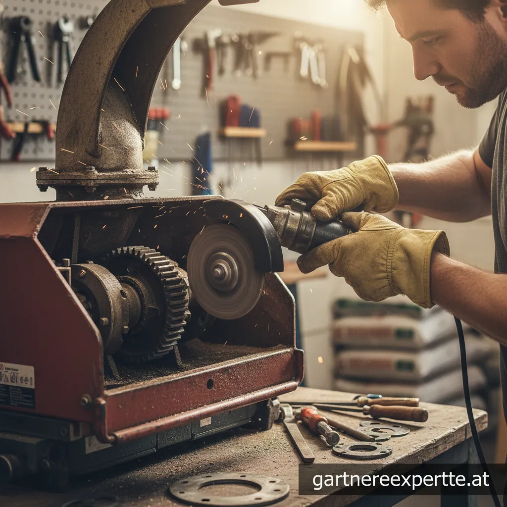 Nahaufnahme einer Person, die ein Häckslermesser mit einem Schleifstein schärft