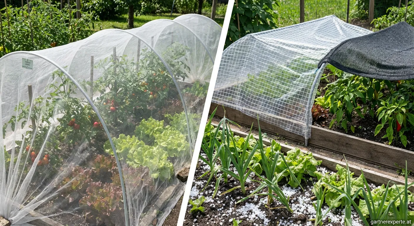 Installierte Hagelschutznetze über einem Gemüsebeet im Garten