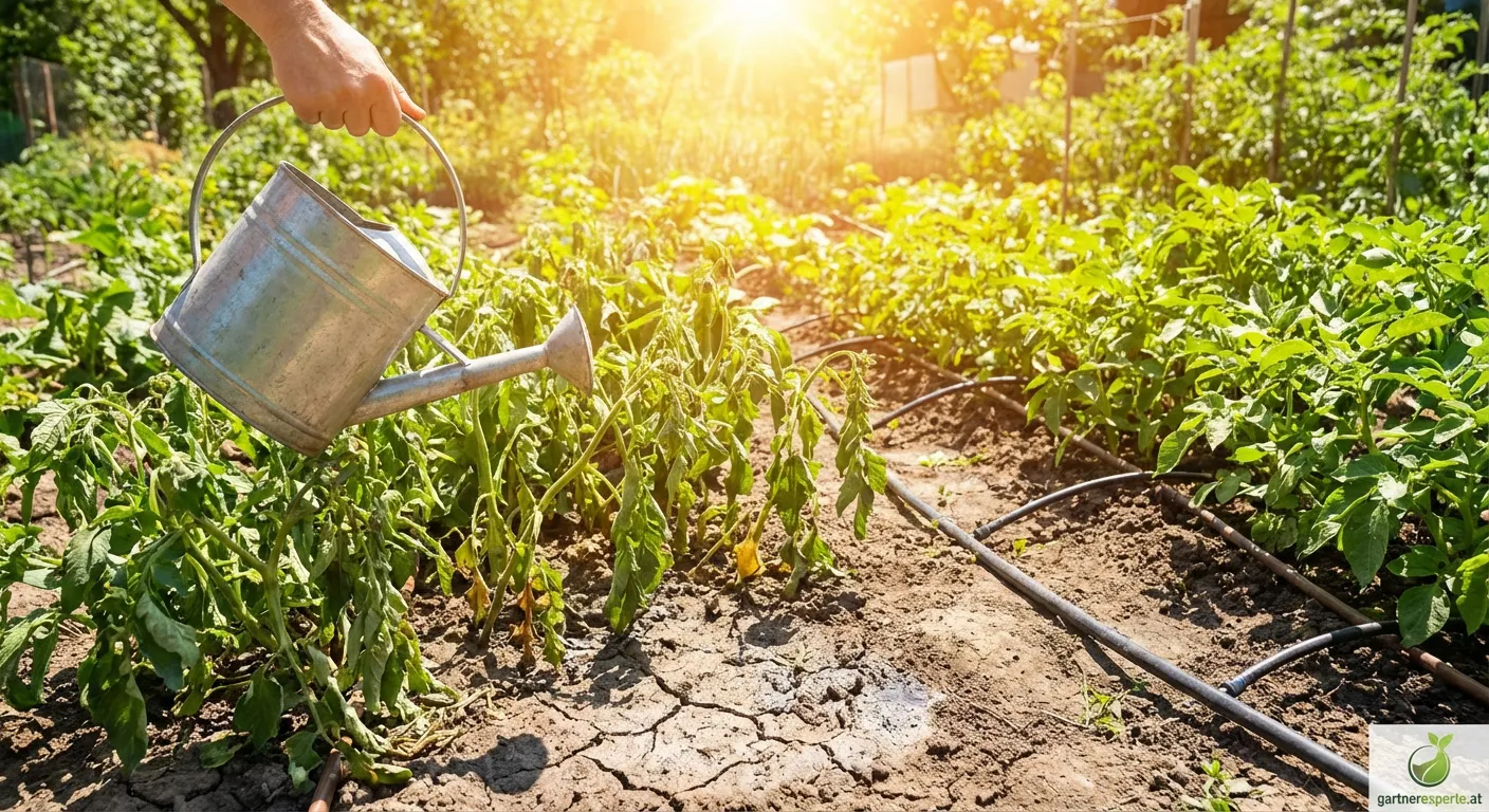 Gärtner wässert Pflanzen während einer Hitzewelle
