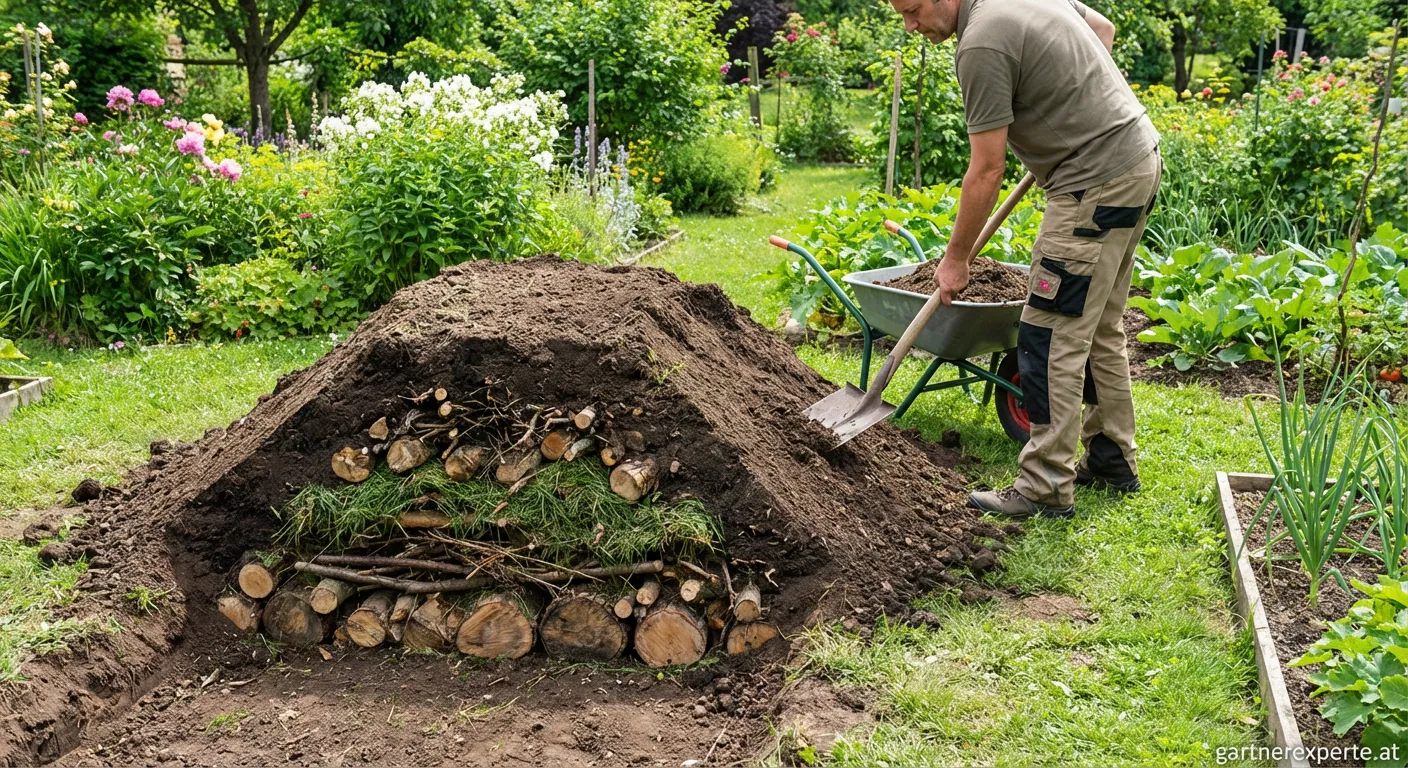 Querschnitt eines fruchtbaren und geschichteten Hügelbeets im Garten