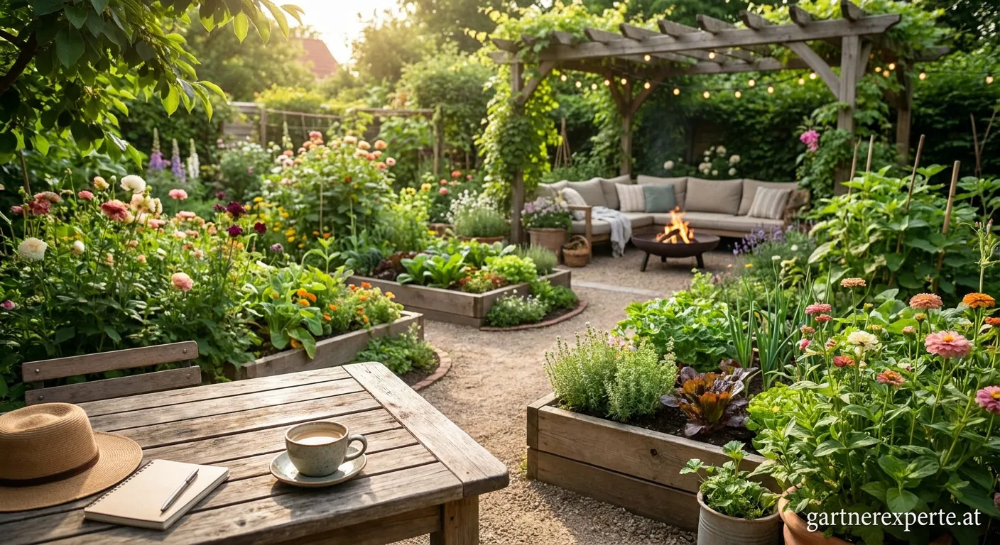 Moderne Gartengestaltung mit vielfältigen Pflanzen und dekorativen Elementen
