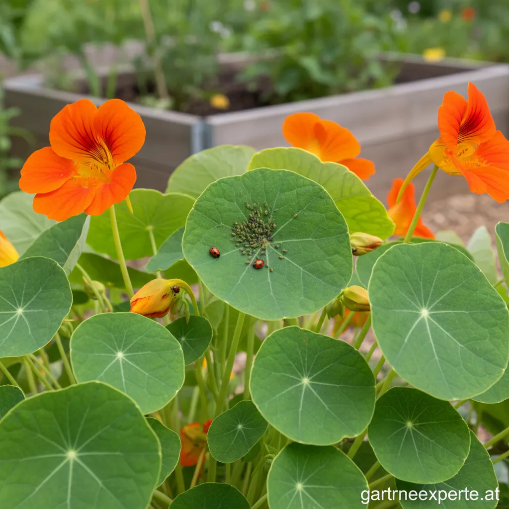 Nahaufnahme von schwarzen Läusen auf einem Blatt der Kapuzinerkresse