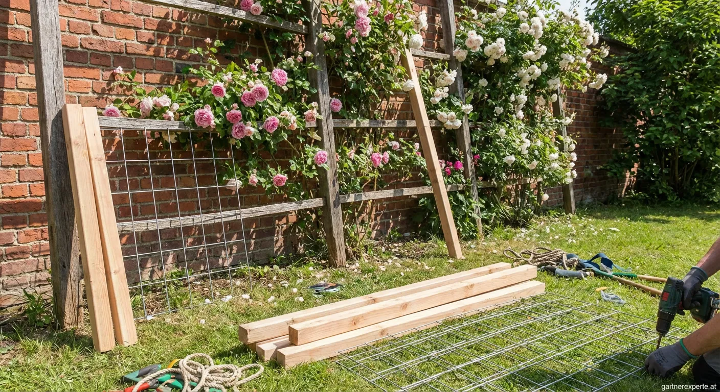 Blühende rote Kletterrose an einem stabilen metallenen Rankgerüst im Garten