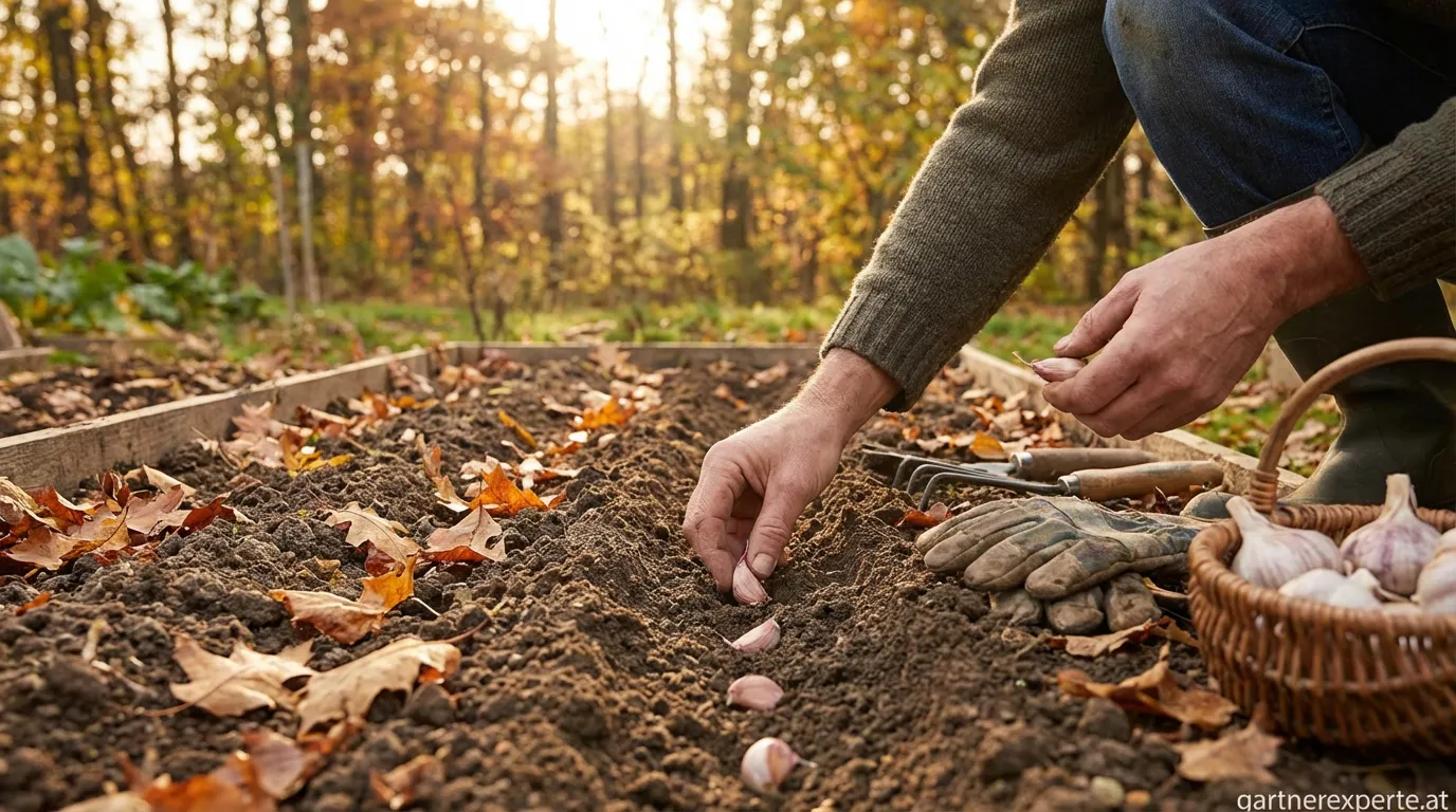 Frische Knoblauchzehen bereit zum Pflanzen im Herbstbeet