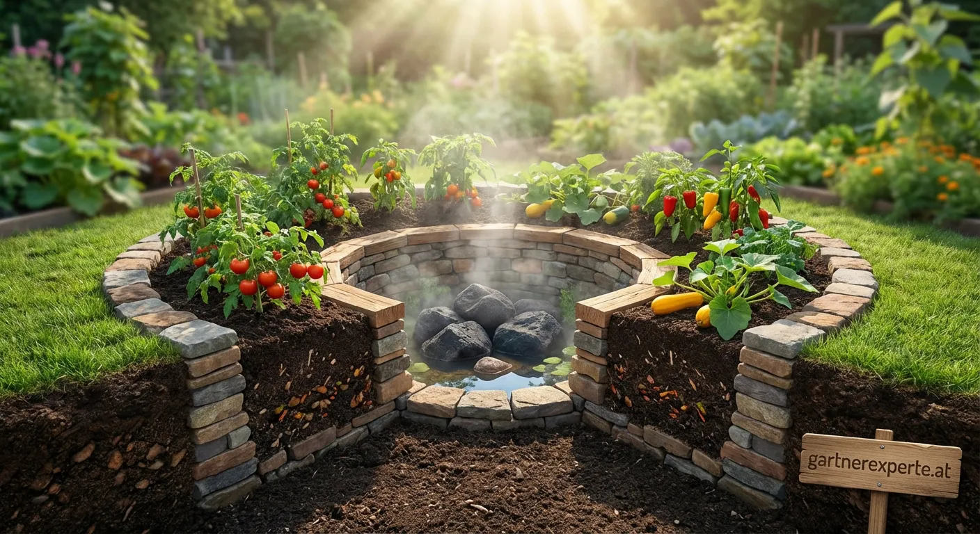 Sonniges Kraterbeet mit Steinen und terrassierten Pflanzzonen zur Wärmespeicherung