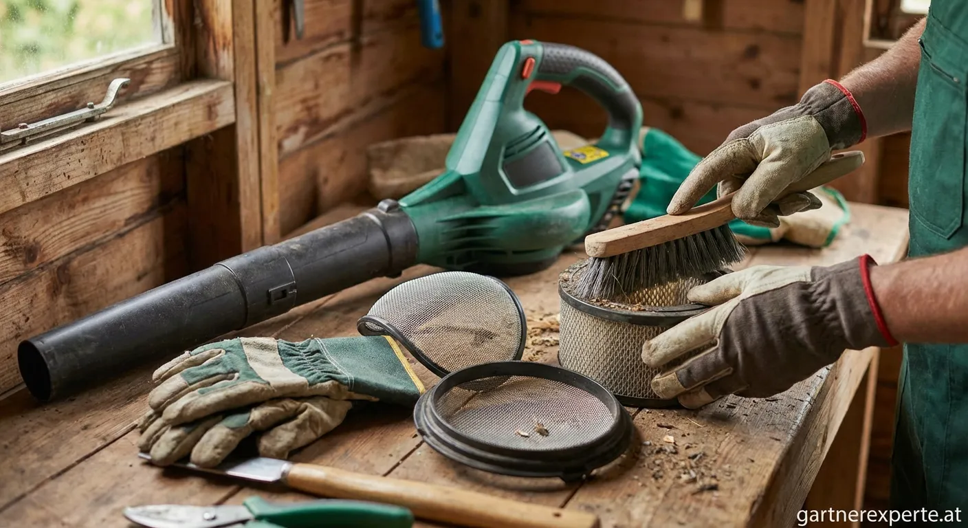 Person entnimmt Luftfilter aus einem Laubsauger zur Reinigung