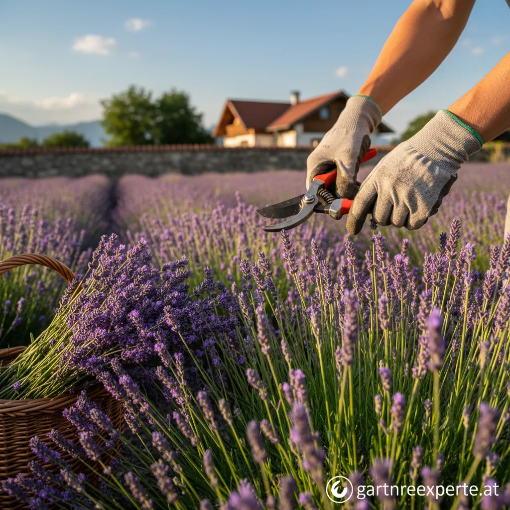 Eine Person schneidet einen blühenden Lavendelbusch mit einer Gartenschere.