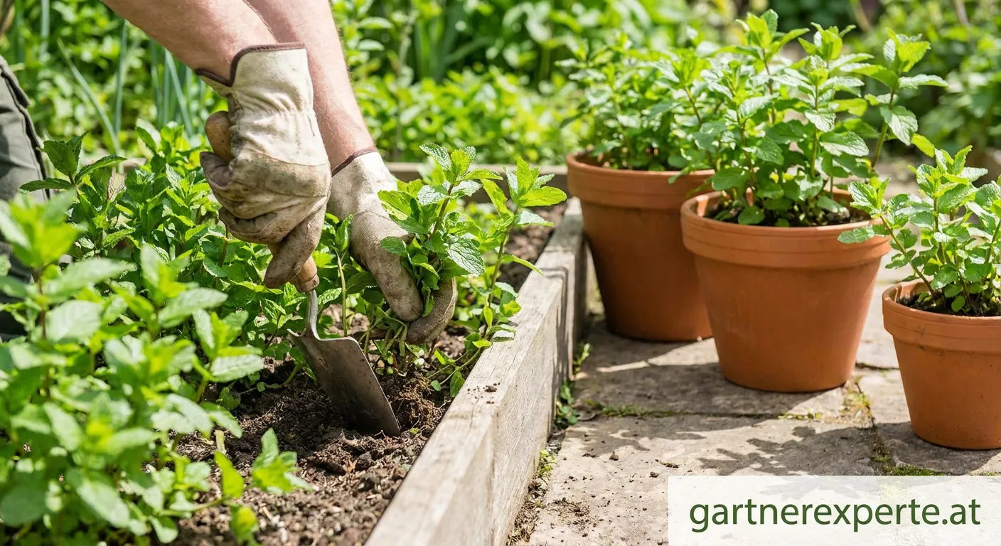 Minze im Garten mit Rhizomsperre