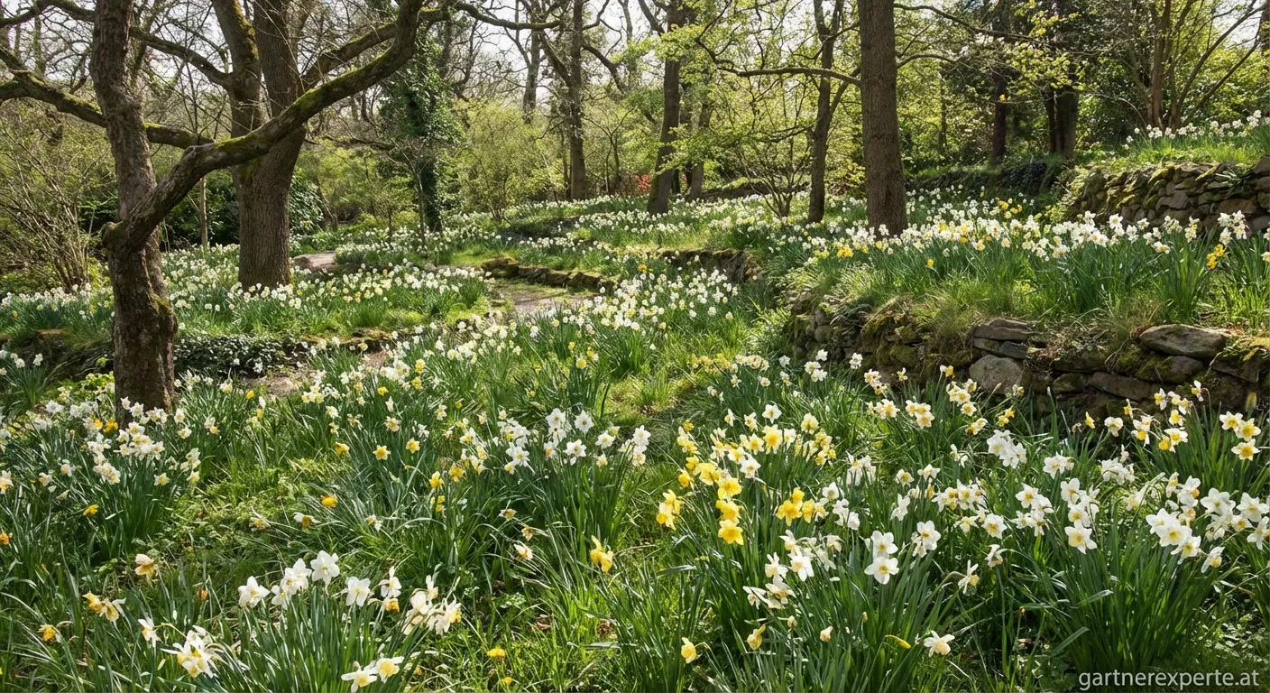 Verwildernde gelbe Narzissen blühen natürlich in einer Wiesenlandschaft