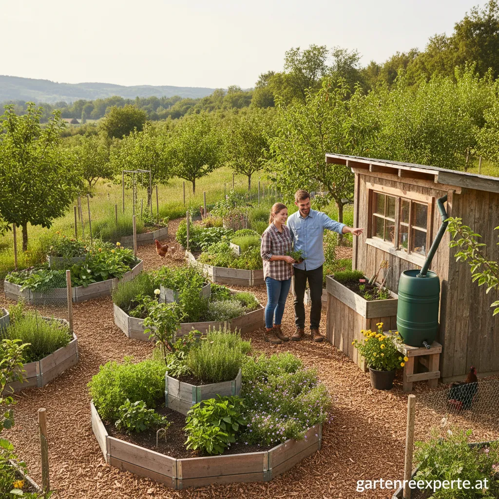 Ein üppiger Permakultur-Garten mit verschiedenen Pflanzen in Mischkultur.