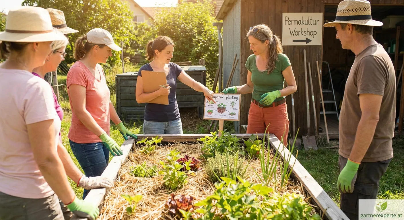 Teilnehmer lernen bei einem Permakultur Workshop Einführung im Garten