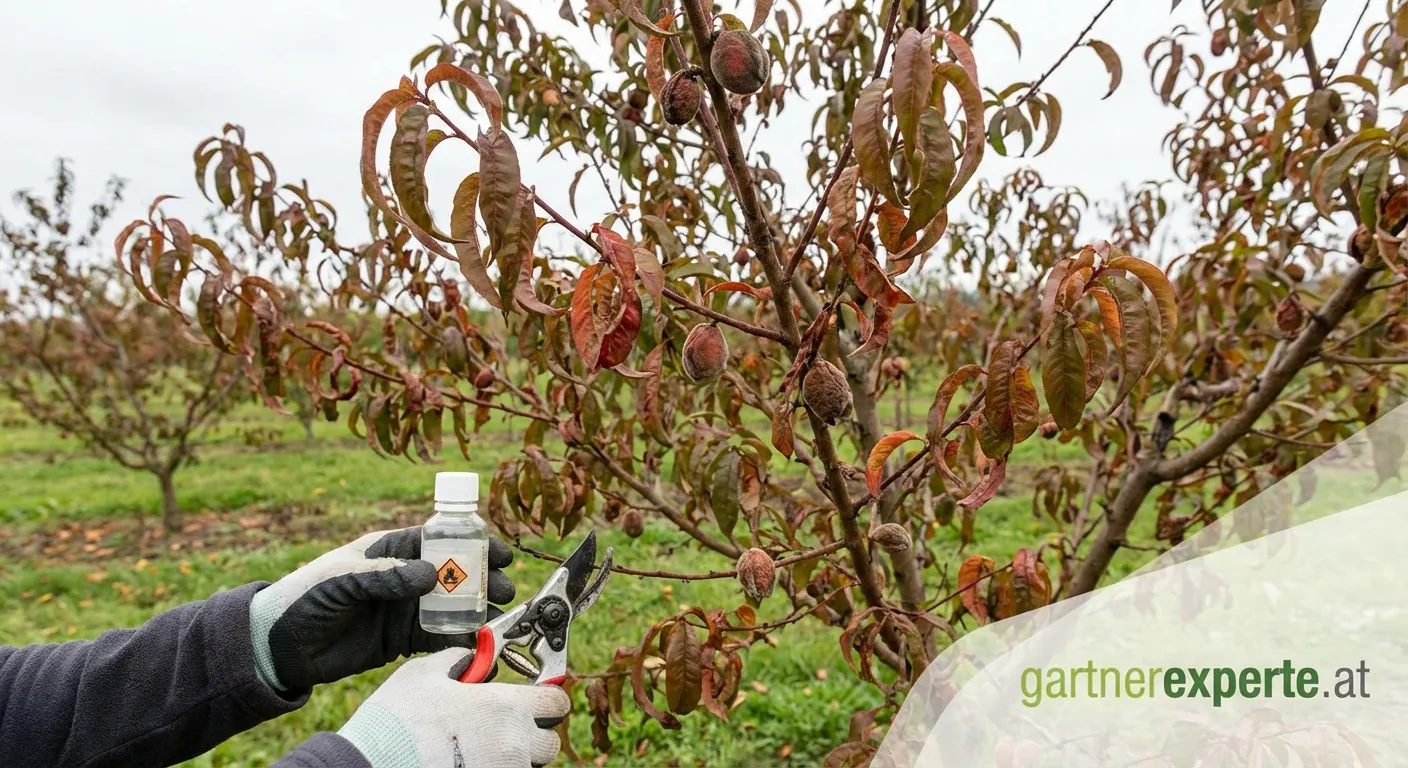 Pfirsichbaum mit gesunden Früchten im Garten