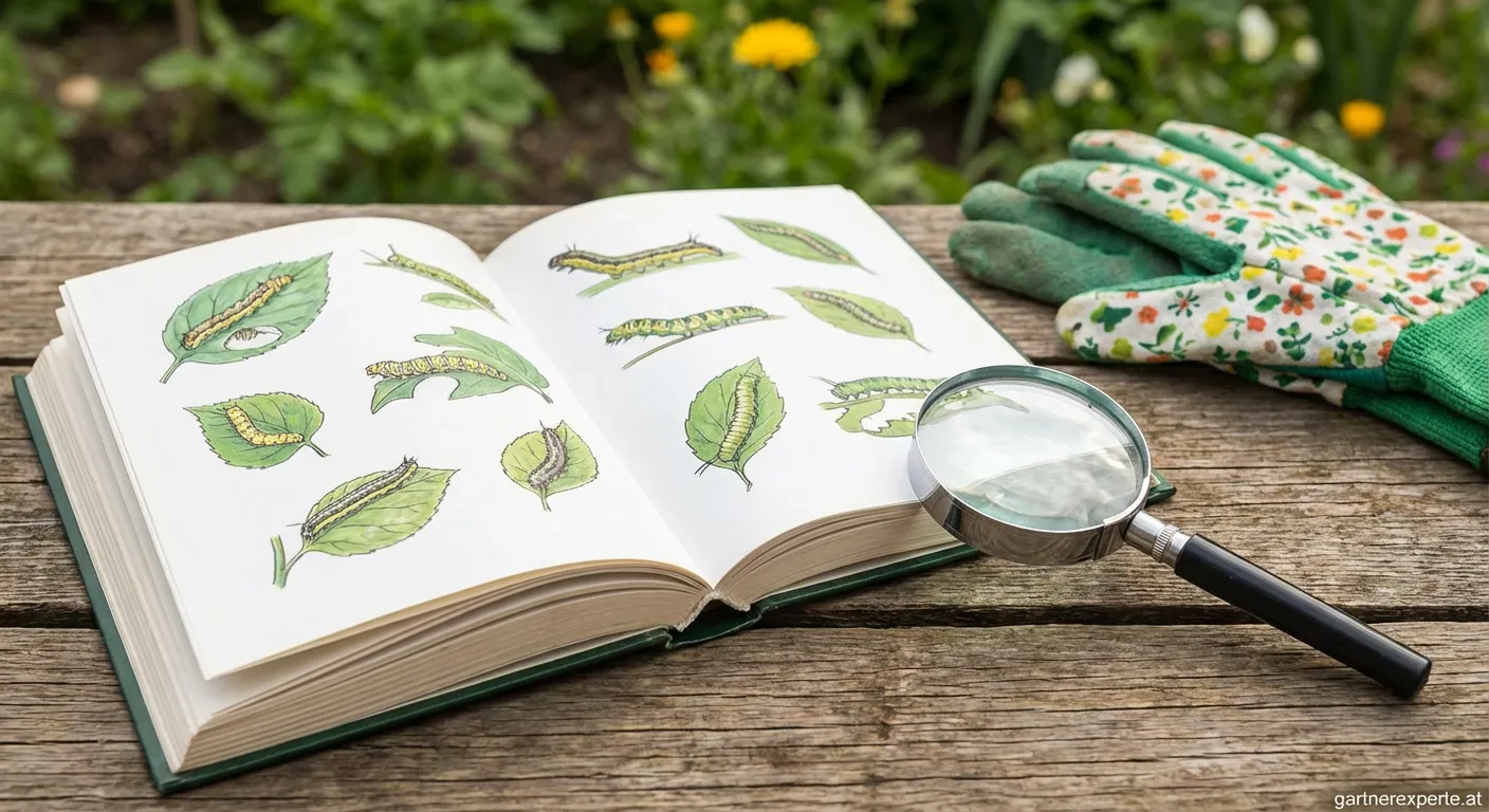 Eine grüne Raupe auf einem Blatt im Garten beim Fressen