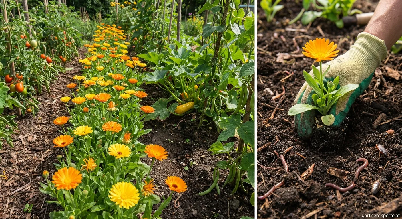 Blühende Ringelblumen im gesunden Garteboden