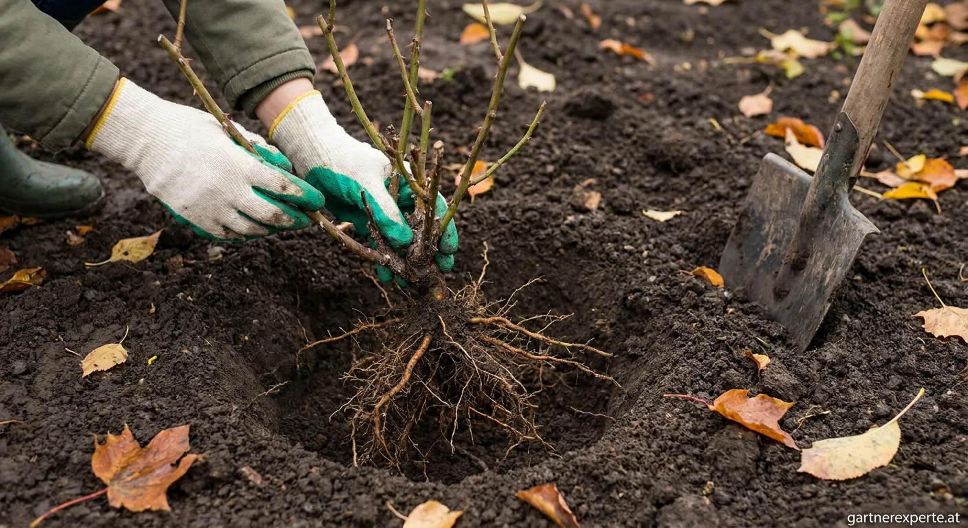 Rose wird im Herbst fachgerecht umgepflanzt mit neuen Wurzeln bildet sie sich ein