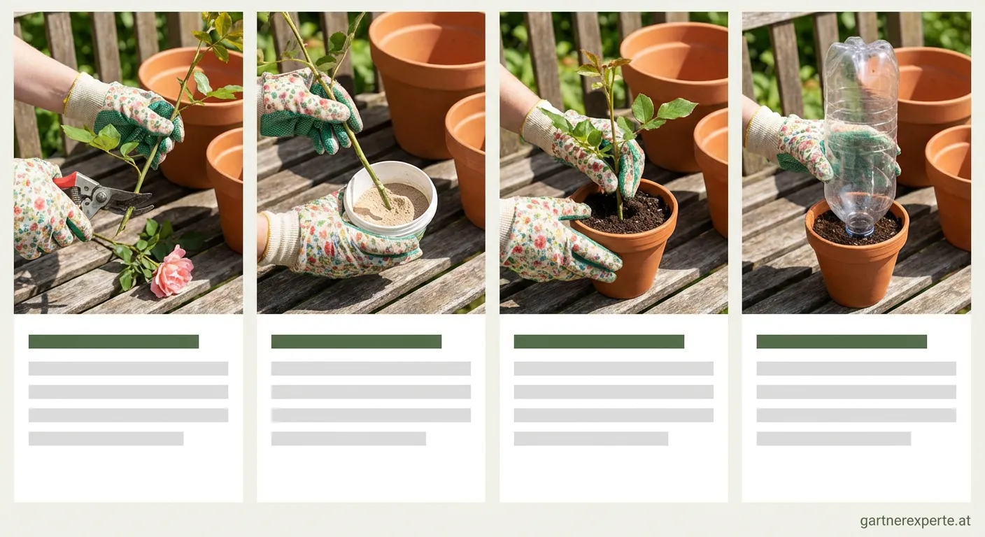 Rosenstecklinge werden zur Vermehrung vorbereitet und eingepflanzt
