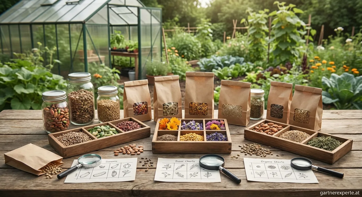 Verschiedene Papiertüten mit Bio-Saatgut auf einem rustikalen Holztisch