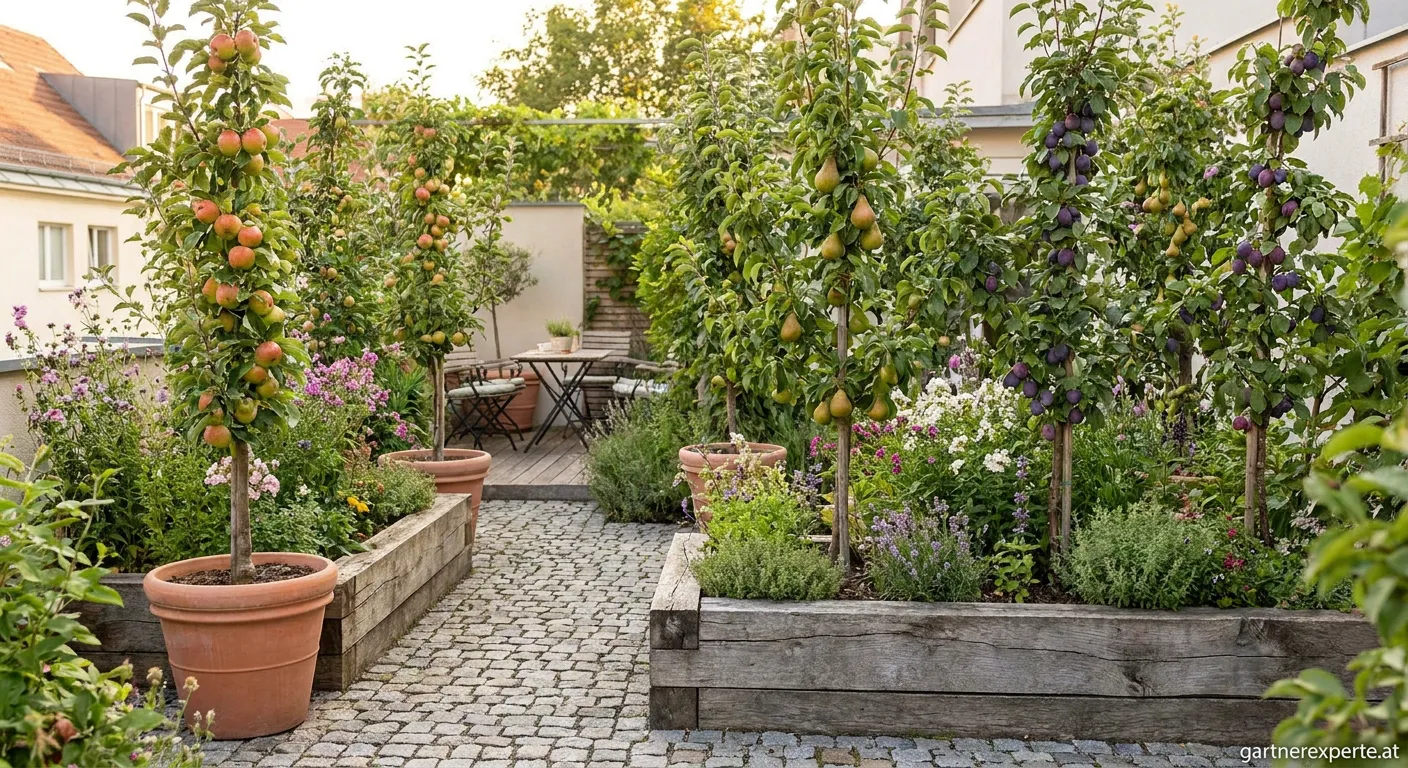 Säulenapfelbaum mit roten Äpfeln in kleinem Garten