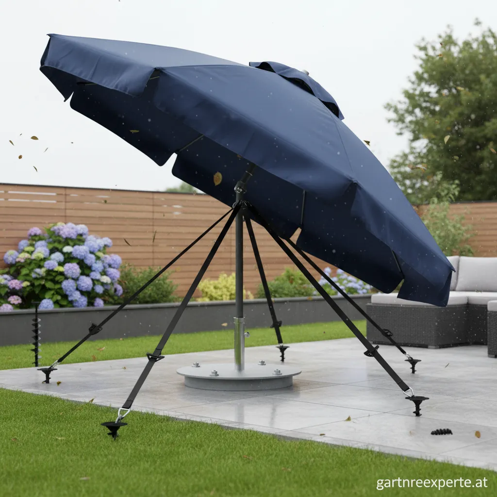 Ein großer, sicher befestigter Sonnenschirm auf einer modernen Terrasse.