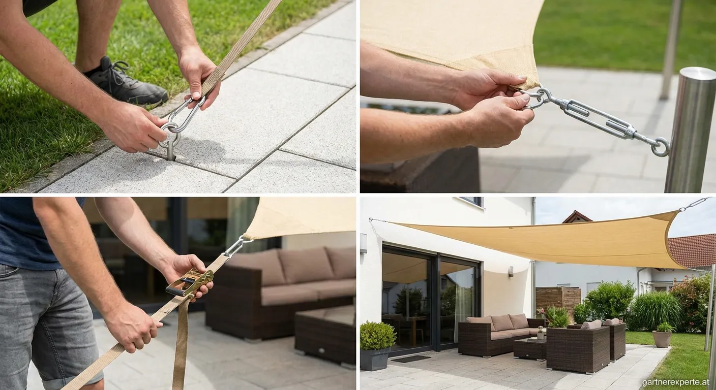 Person bei der Montage eines Sonnensegels im Garten nach Anleitung