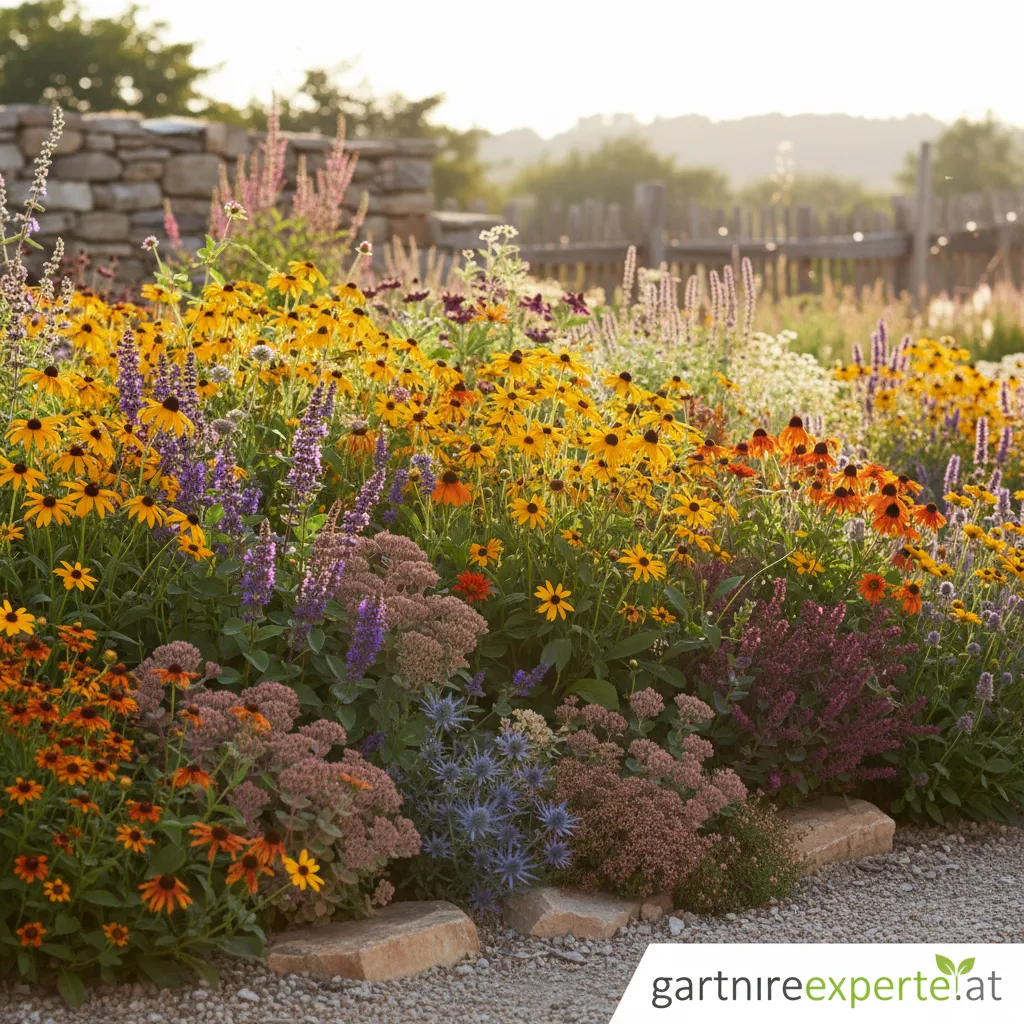 Blühende Sonnenstauden in einem trockenen, sonnigen Gartenbeet