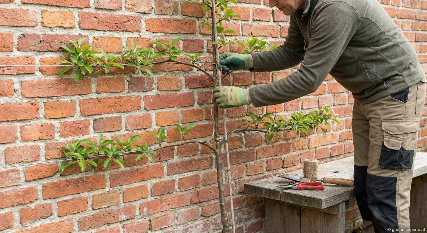 Spalierobst an Hauswand mit grünen Äpfeln