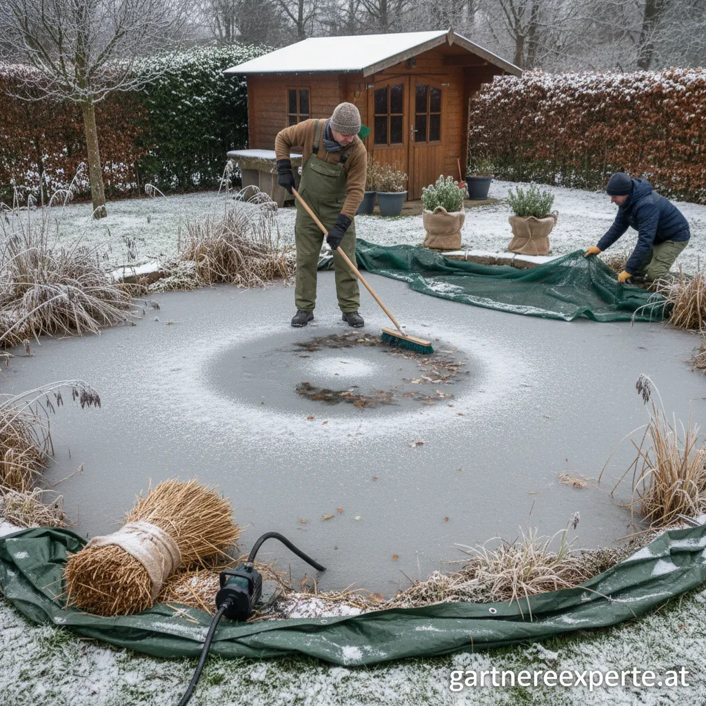 Ein zugefrorener Gartenteich im Winter, vorbereitet mit einem Eisfreihalter