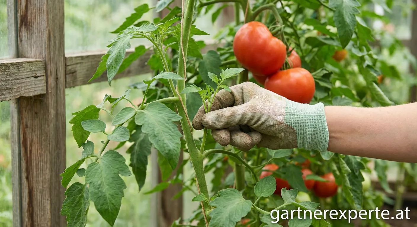 Gärtnerhand beim Entfernen eines Geiztriebes an einer Tomatenpflanze