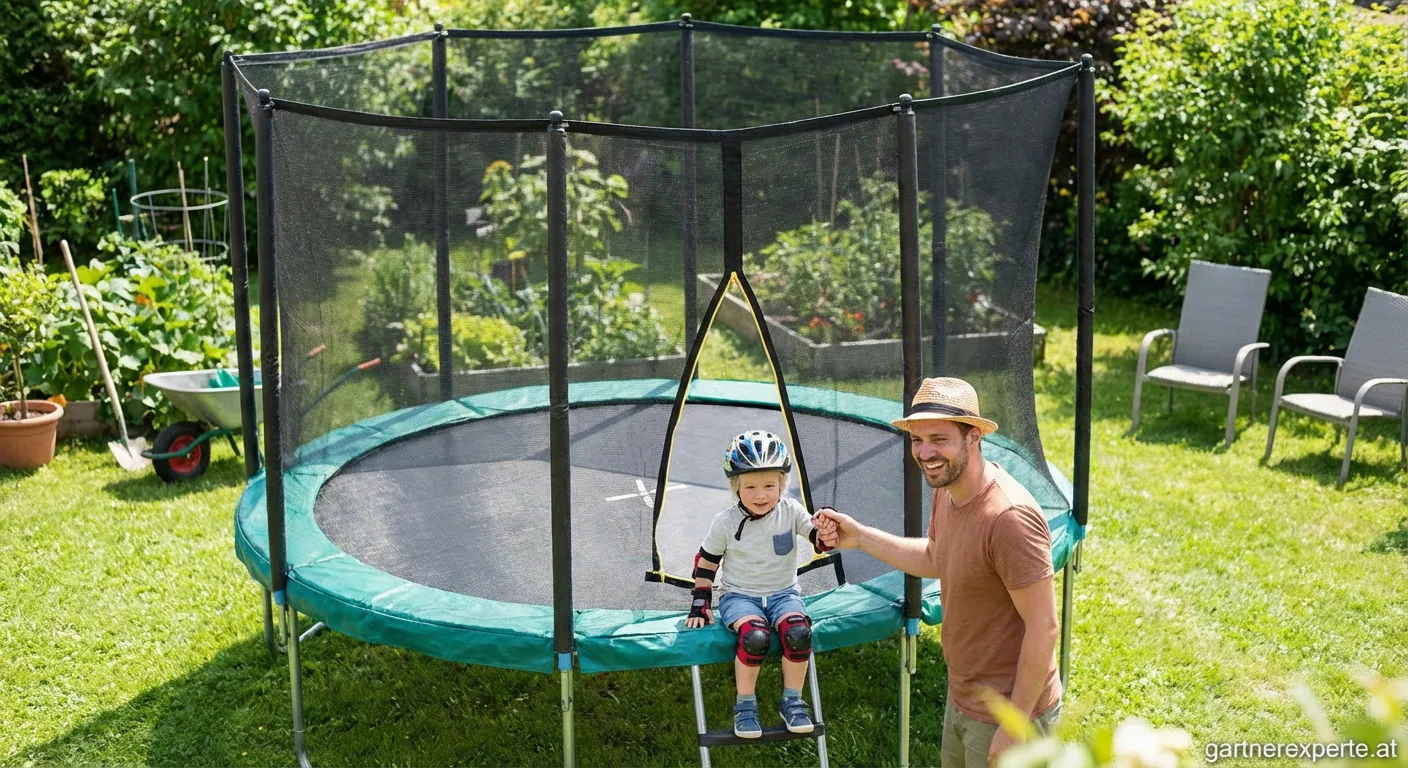 Sicheres Gartentrampolin mit Sicherheitsnetz auf grünem Rasen