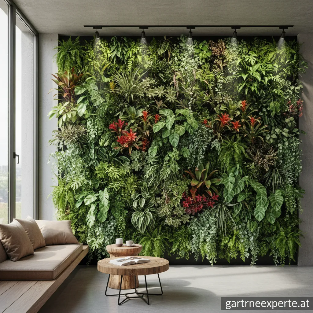 Eine üppig bepflanzte vertikale Gartenwand in einem modernen Wohnzimmer