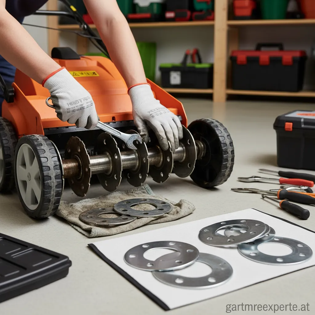 Neue, scharfe Vertikutierer-Messer liegen bereit zum Einbau in das Gerät.