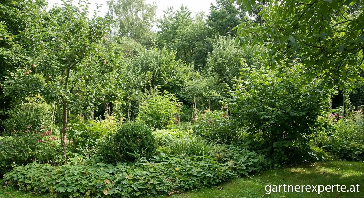 Waldgarten mit verschiedenen Pflanzenebenen und Schichten