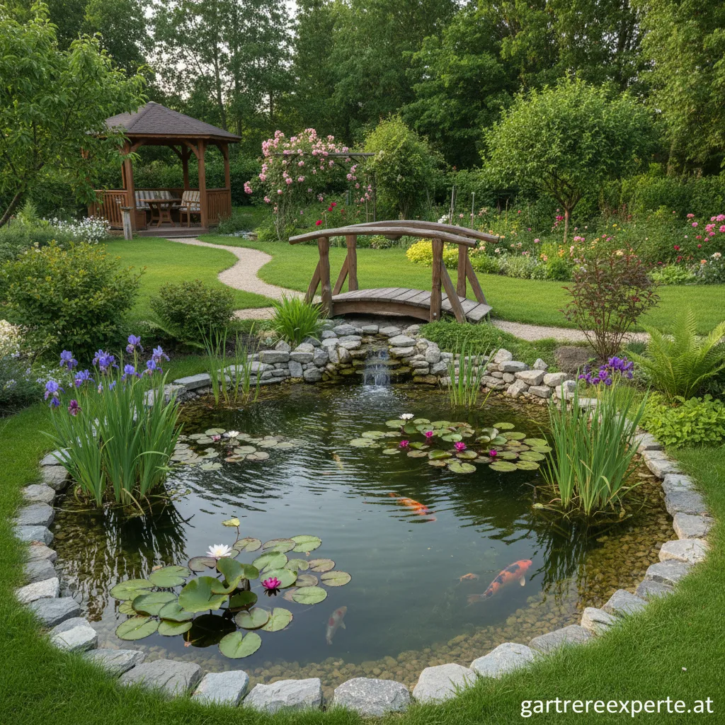 Ein zentral gelegener Gartenteich, umgeben von üppigen Pflanzen und Steinen.