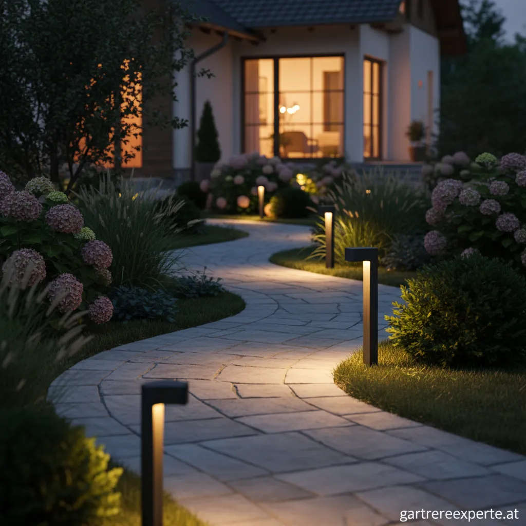 Sicher beleuchteter Gartenweg mit Pollerleuchten in einem modernen Garten