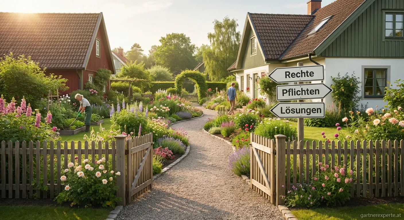Garten mit Durchgangsweg und Nachbarzaun – Wegerecht Illustration