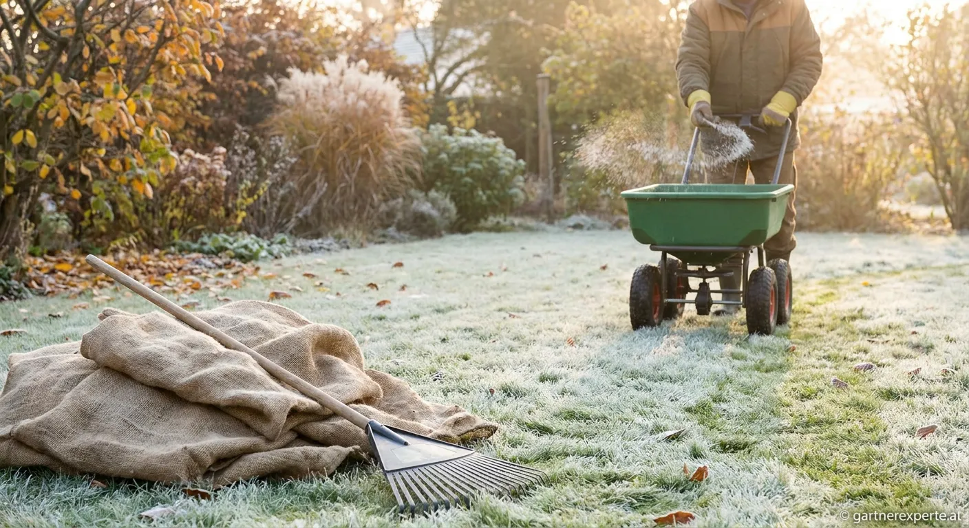 Rasen wird im Herbst auf den Winter vorbereitet mit Rechen und Herbstdünger