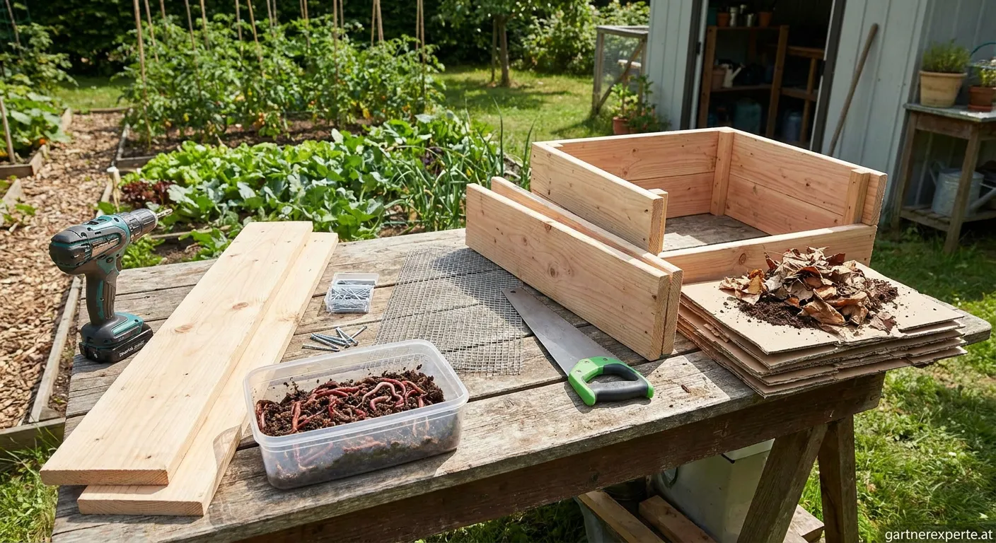 Selbstgebaute Holz-Wurmkiste mit Kompostwürmern im Garten